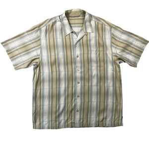 Tommy Bahama Silk Button Front Short Sleeve Shirt Safe Green Blue Stripe Size XL